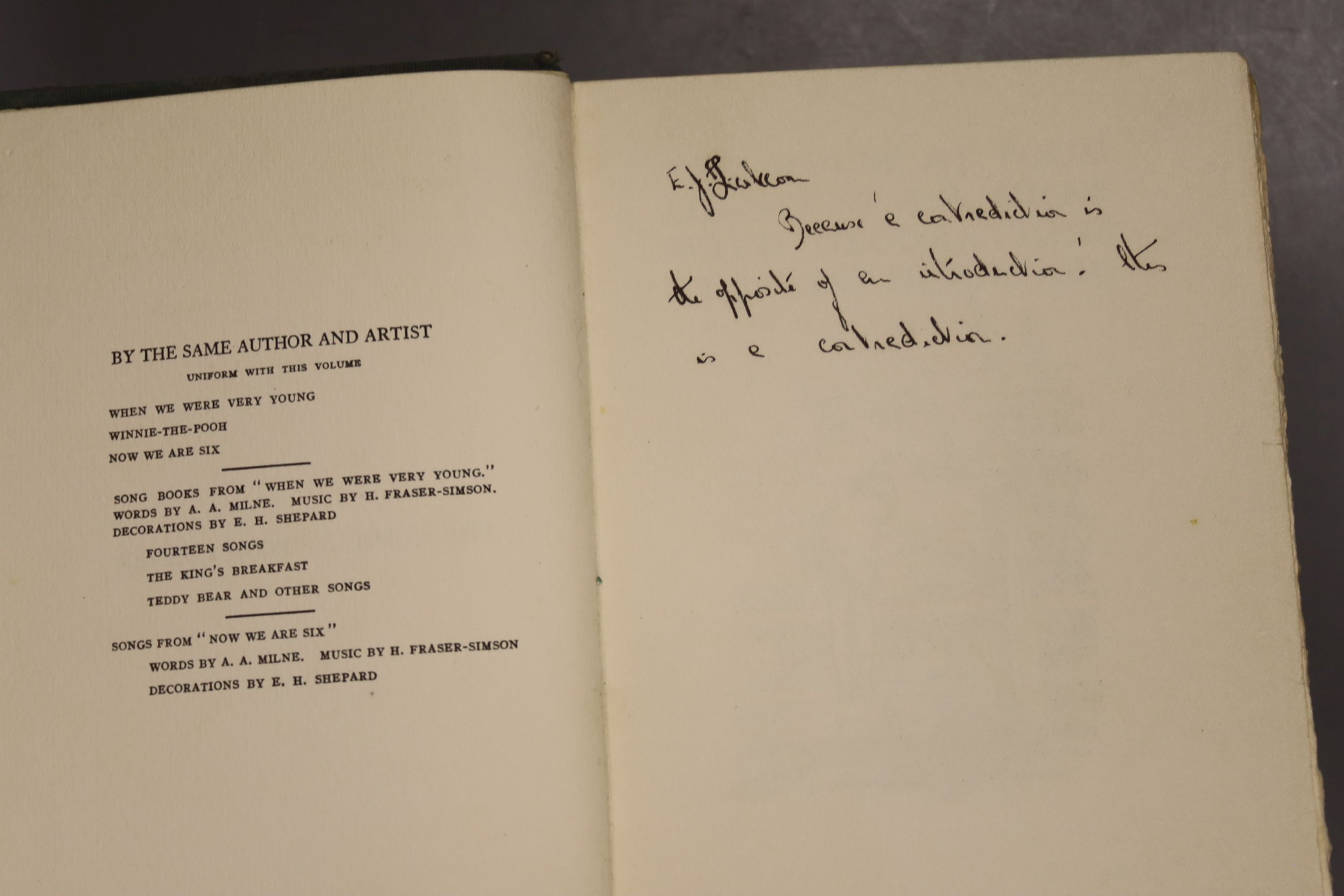 Milne, A.A – Winnie The Pooh, second edition, 8vo, cloth bound, (dj missing, inscribed, scuffs to covers, internal break to the spine) Methuen, London 1926., Milne, A.A – The House At Pooh Corner, first Canadian edition,